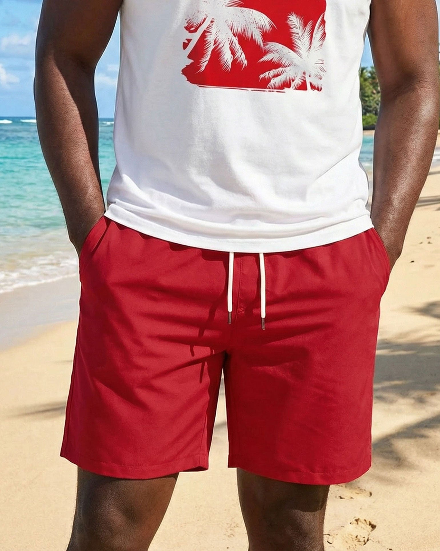 Hawaii Simple Party Party Carnival Red & White Silhouette Front Printed Tank Top Shorts Set Large Size Men
