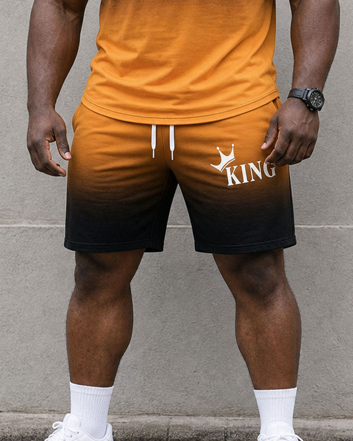 Big & Tall Men's Black & Orange Gradient KING Slogan Printed Short Sleeve T-Shirt Shorts Set