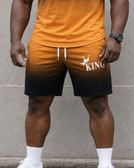 Big & Tall Men's Black & Orange Gradient KING Slogan Printed Short Sleeve T-Shirt Shorts Set