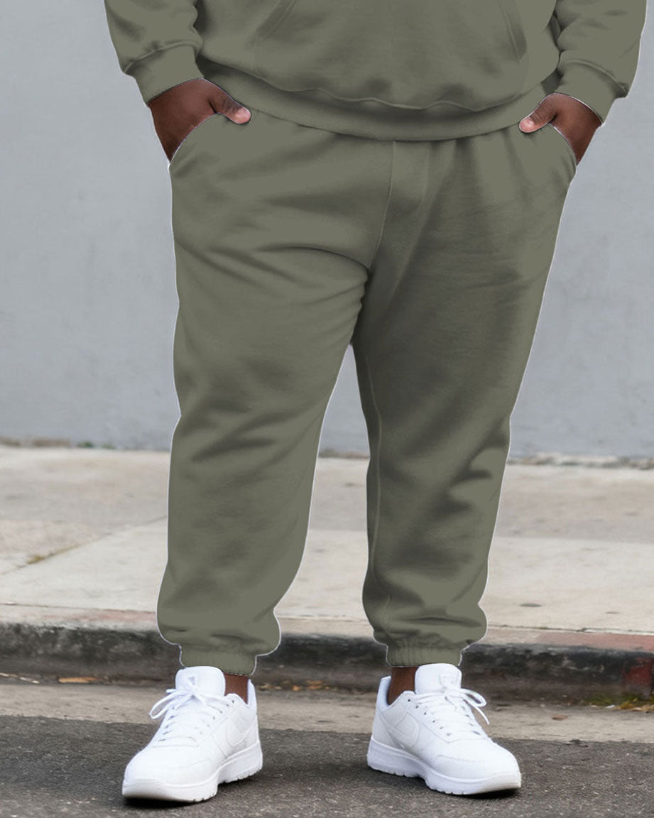 Large Size Men's Autumn And Winter Warm Cold-proof Gentleman Fog Green Color-block Small Label Printed Kangaroo Large Pocket Hoodie Sweatpants Set