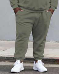Large Size Men's Autumn And Winter Warm Cold-proof Gentleman Fog Green Color-block Small Label Printed Kangaroo Large Pocket Hoodie Sweatpants Set
