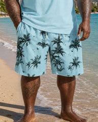 Big & Tall Men's Hawaiian Vacation Blue Coconut Tree Silhouette Print Tank Shorts Set