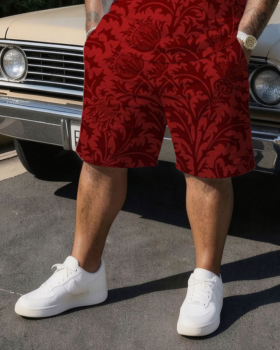 Big & Tall Men' High-end Anne Hathaway Jacquard Baroque Luxury Short-sleeved T-shirt Shorts Set