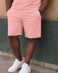 Big & Tall Men's White & Pink Chest Letter Print POLO Shirt Short Sleeve Shorts Set
