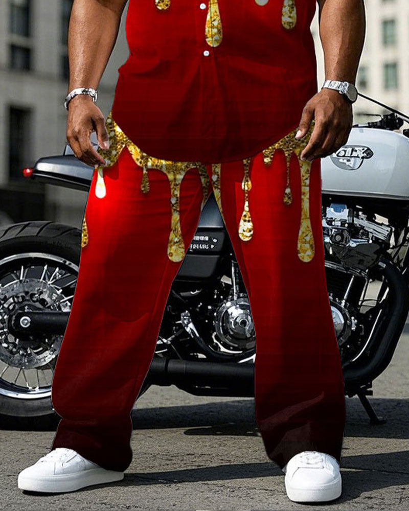 Big Men's Gold & Red Cotton-Blend Sequin Halloween Short Sleeve Shirt Trouser Set