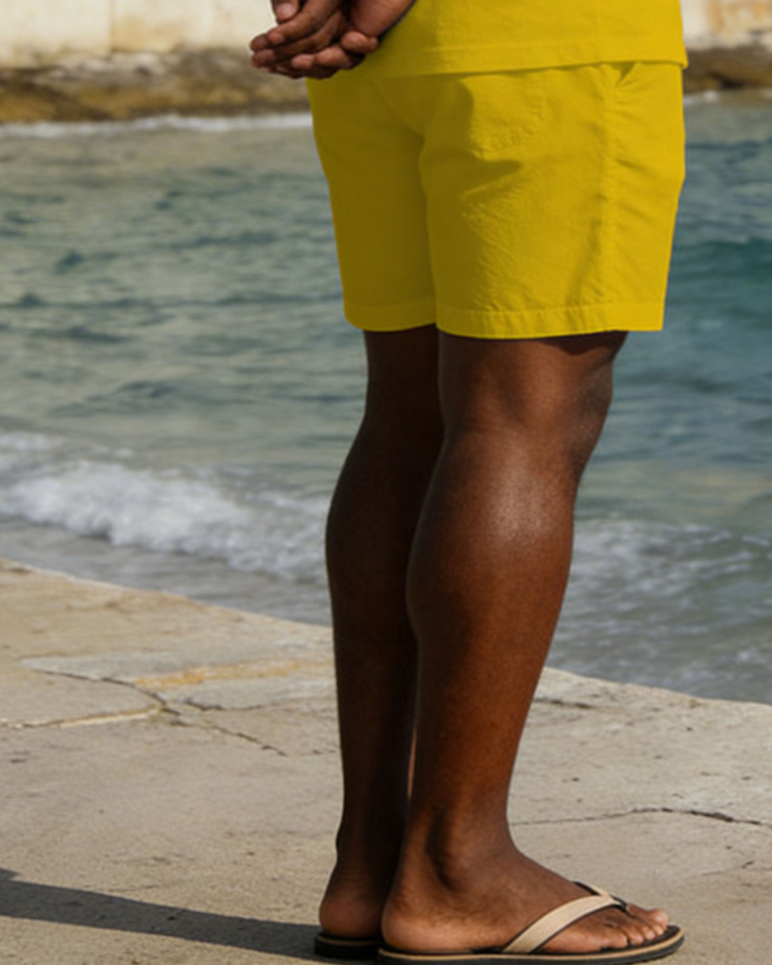 Large Size Men's Spring And Summer Leisure Holiday Yellow Collar & Cuff Edge Features Logo Business Party Short Sleeve POLO Shirt Shorts Set