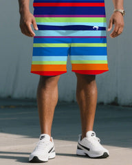 Big & Tall Men's Blue Rainbow Stripe Casual Daily Simple Chest Pony Print T-Shirt Shorts Set