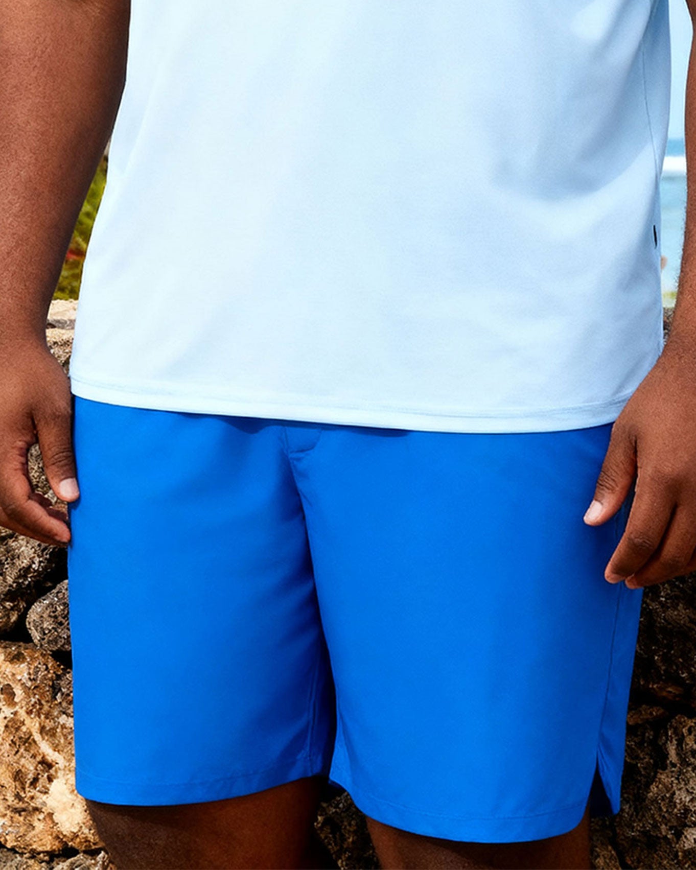 Big & Tall Men's Holiday Hawaii Casual Simple Blue Square Design Short Sleeve POLO Shirt Shorts Set