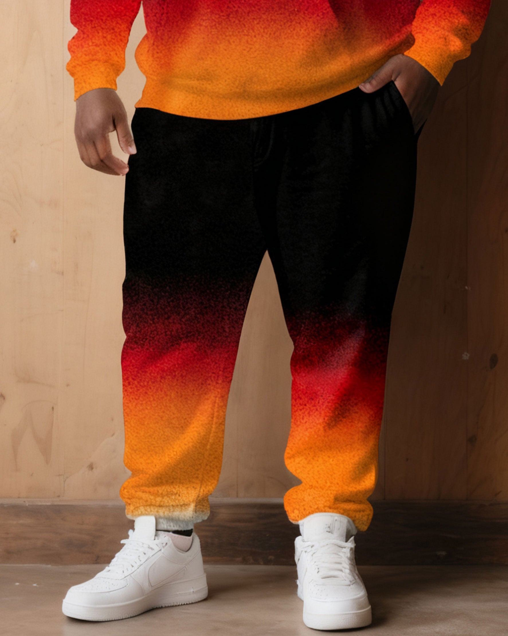 Large Size Men's Autumn And Winter Warm Cold-proof Red & Black Neon Gradient Contrast Hoodie Sweatpants Set