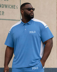 Big & Tall Men's Blue Side Stitching Contrast Casual Simple POLO Shirt Short Sleeve Shorts Set