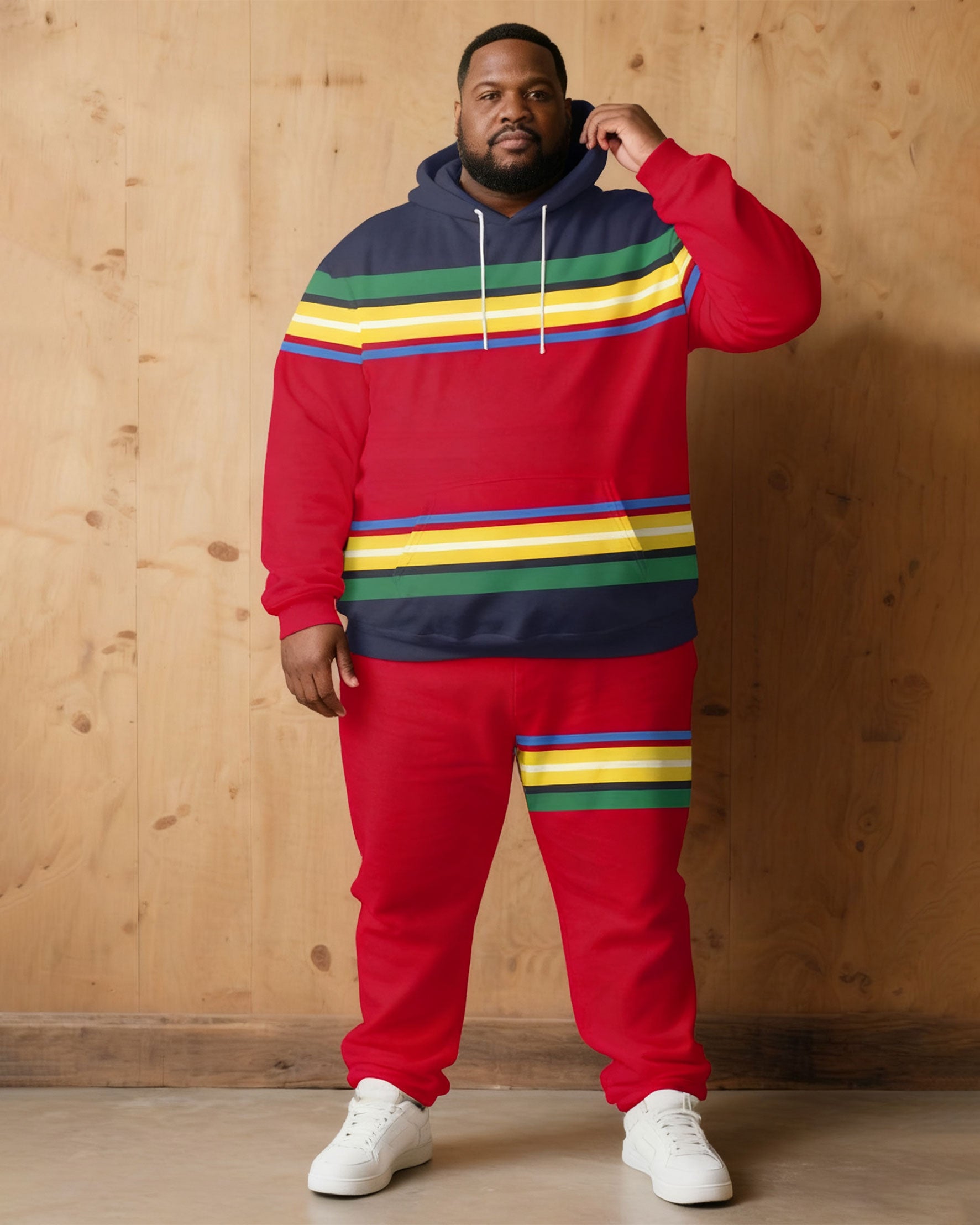 Large Size Men's Autumn And Winter Warm Cold-proof Brown Red & Rainbow Color Contrast Hoodie Sweatpants Set