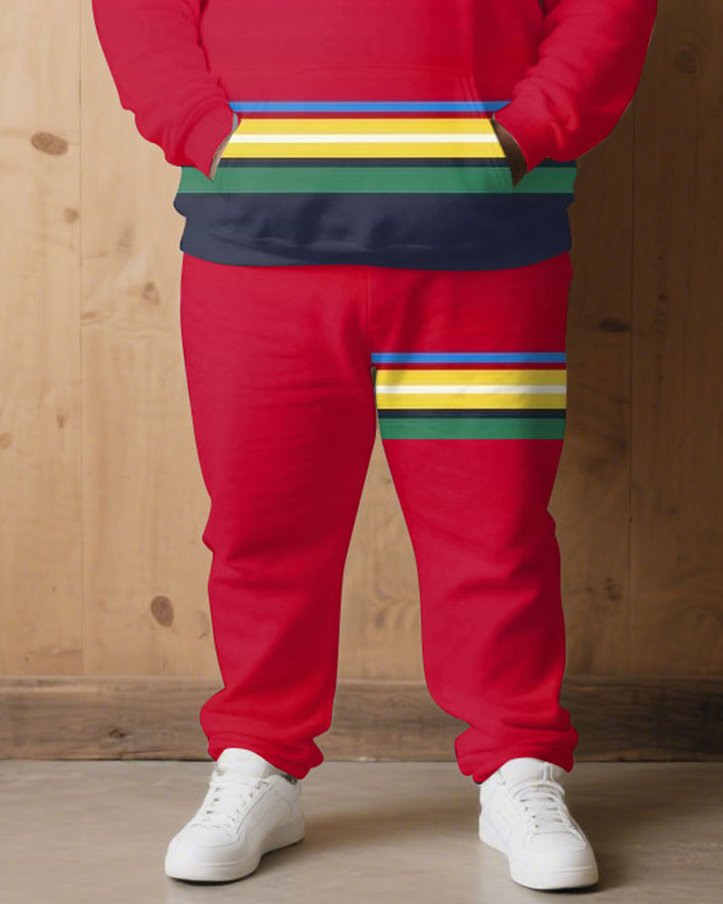 Large Size Men's Autumn And Winter Warm Cold-proof Brown Red & Rainbow Color Contrast Hoodie Sweatpants Set