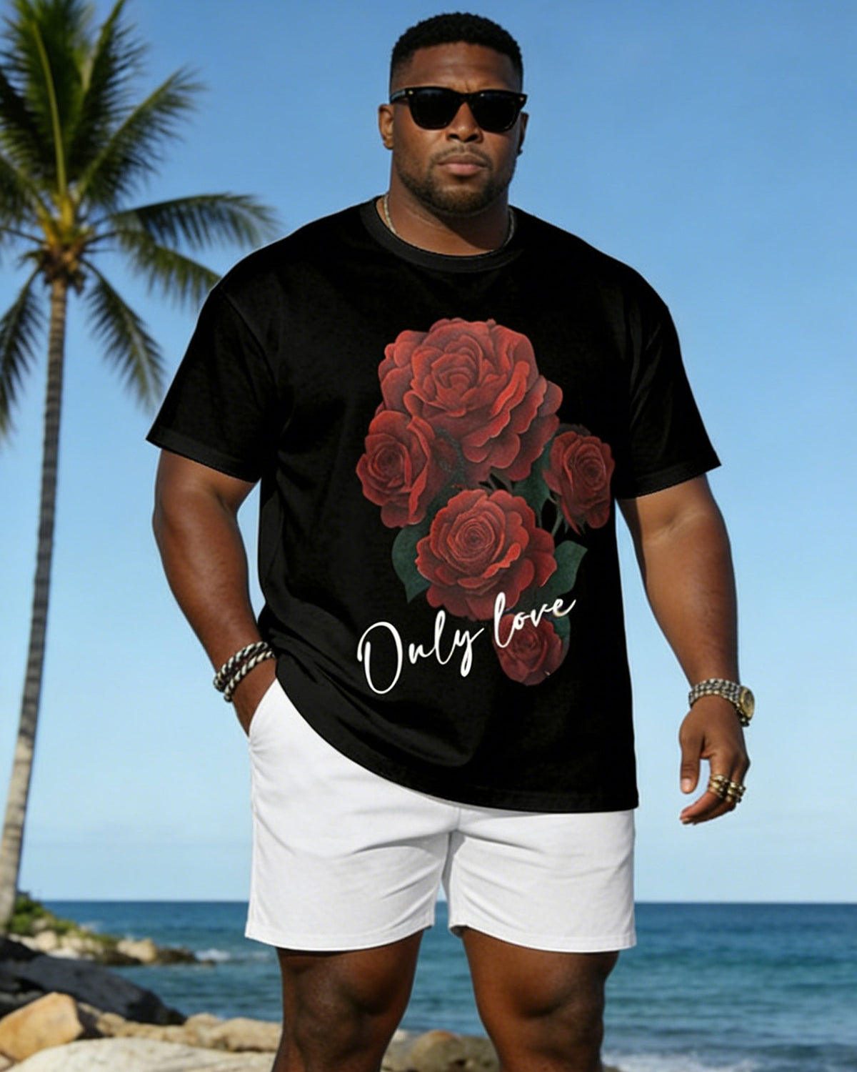 Big & Tall Spring And Summer New Valentine's Day Dating Party Party Holiday Rose Pattern Printed Round Neck Short Sleeve T-Shirt Shorts Set Couple Dress