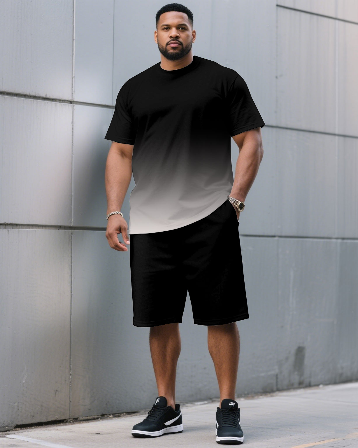Men's Plus Size Casual Black & Red Chest Gradient Fashion Round Neck Short Sleeve T-Shirt and Shorts Suit
