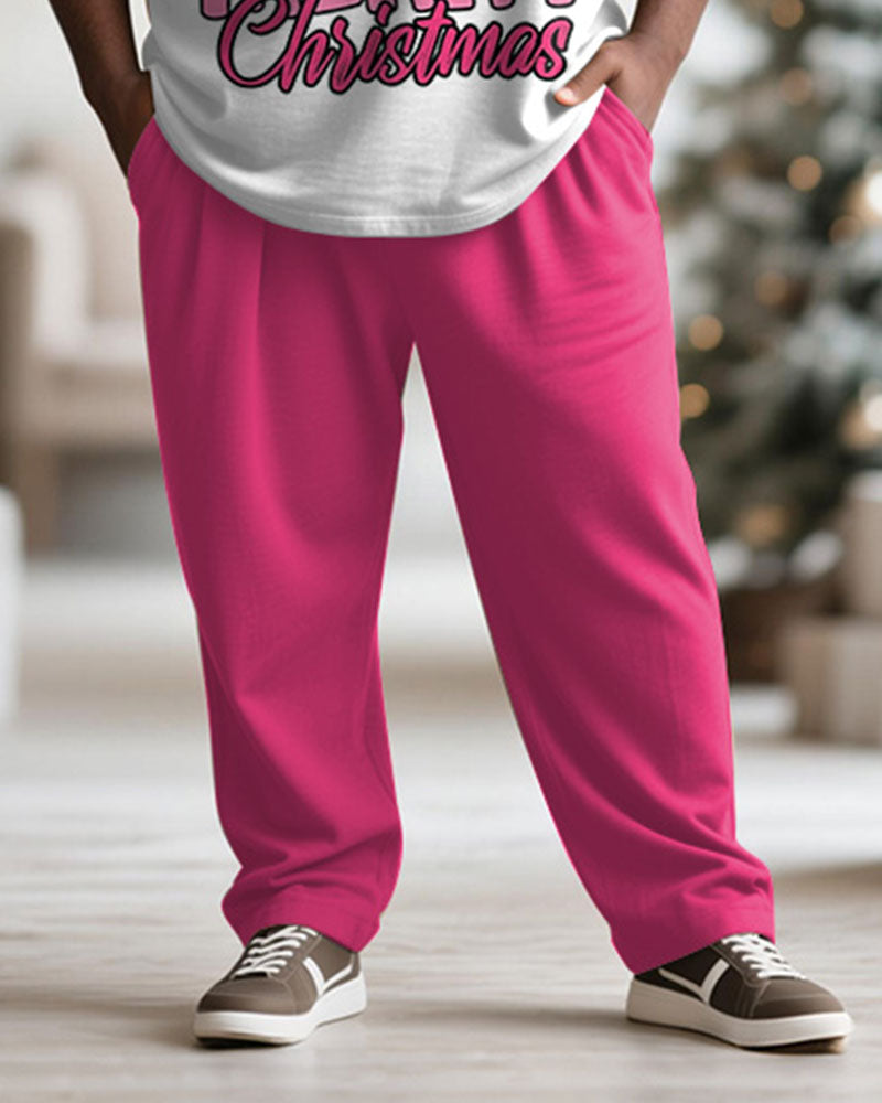 Big & Tall Men's Merry Christmas Cartoon Pink Printed Long Sleeve T-Shirt Pants Set