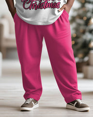 Big & Tall Men's Merry Christmas Cartoon Pink Printed Long Sleeve T-Shirt Pants Set