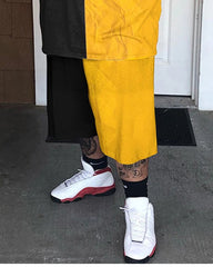 Big & Tall Men's Yellow And Black Stitching Letter Printed Round Neck Short Sleeve T-shirt Shorts Set