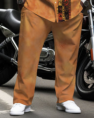 Big & Tall Men's Warm Brown Africa Map Totem Print Long Sleeve Shirt Pants Set