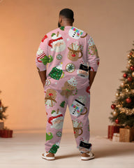 Big & Tall Men's Christmas Pink Cartoon Graffiti Print Long Sleeve T-Shirt Pants Set
