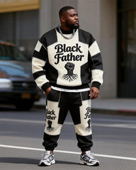 Big & Tall Men's Black Father Black And White Patchwork Printed Round Neck Sweater Set