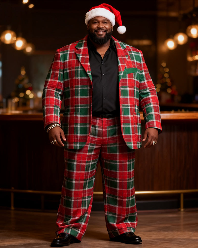 Big & Tall Men's Christmas Classic Red And Green Plaid Print Suit