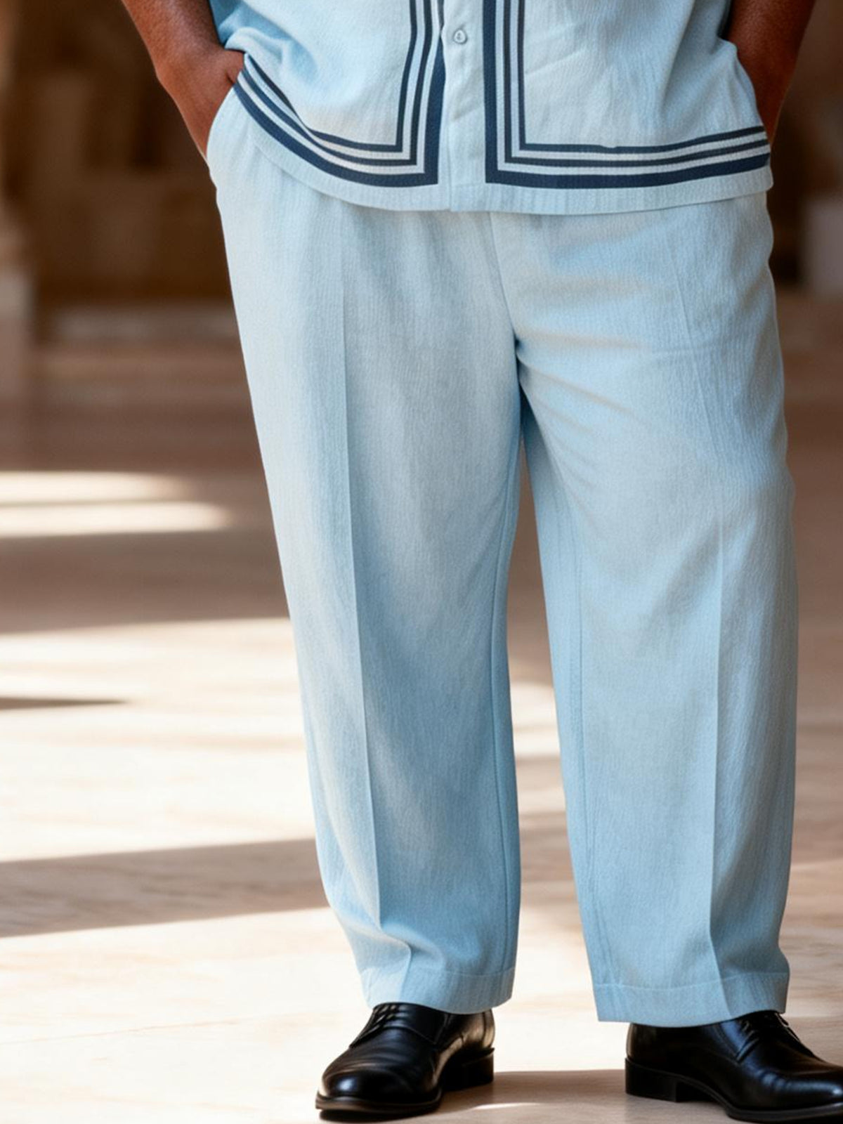 Big & Tall Men's Light Blue Contrast Striped Printed Short Sleeve Shirt Pants Set