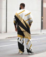 Big & Tall Men's Casual Yellow And Black Geometric Stripe Printed Long Sleeve T-Shirt Pants Set
