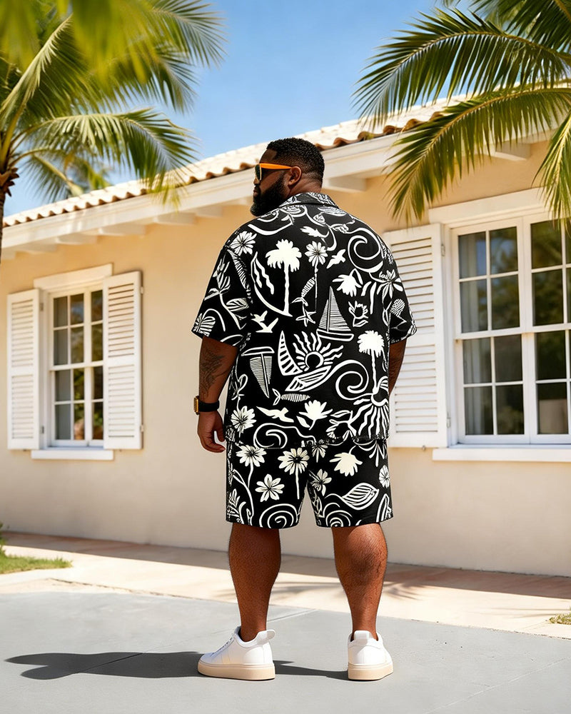 Big & Tall Men's Black And White Nautical Elements Print Short Sleeve Shirt Shorts Set