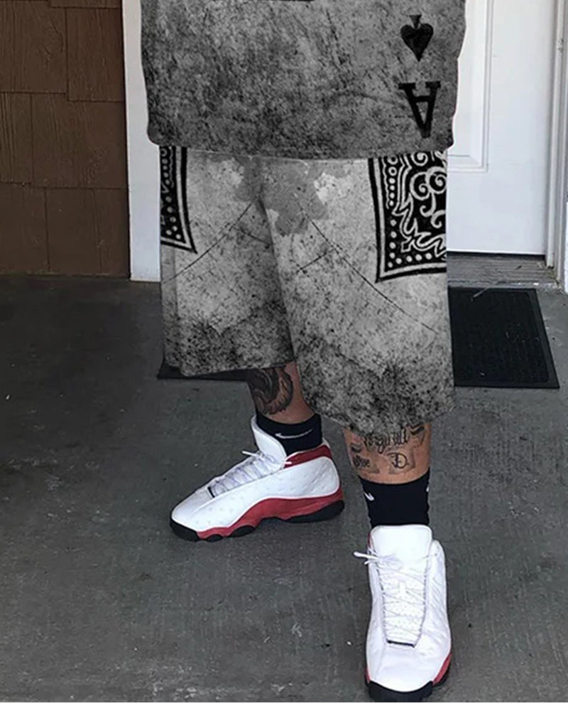 Big & Tall Men's Distressed Grey Spades Print Round Neck Short Sleeve T-Shirt Shorts Set