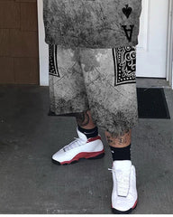 Big & Tall Men's Distressed Grey Spades Print Round Neck Short Sleeve T-Shirt Shorts Set