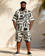 Big & Tall Men's Black And White Flowing Geometric Print Short Sleeve Shirt Shorts Set