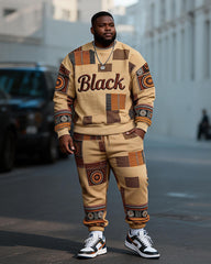 Big & Tall Men's African Batik Black Print Crewneck Sweat Set