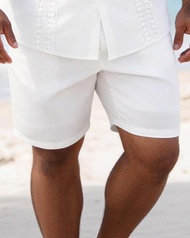 Big & Tall Men's White Exquisite Lace Print Short Sleeve Shirt Shorts Set