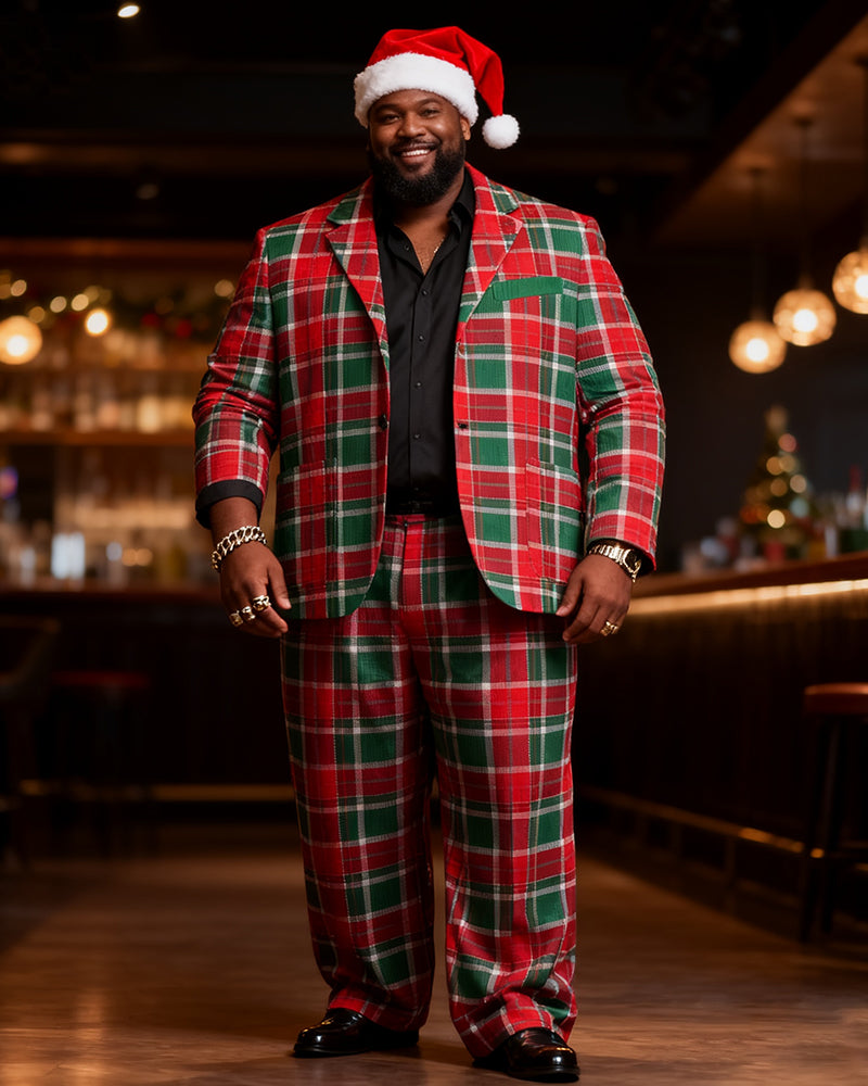 Big & Tall Men's Christmas Classic Red And Green Plaid Print Suit