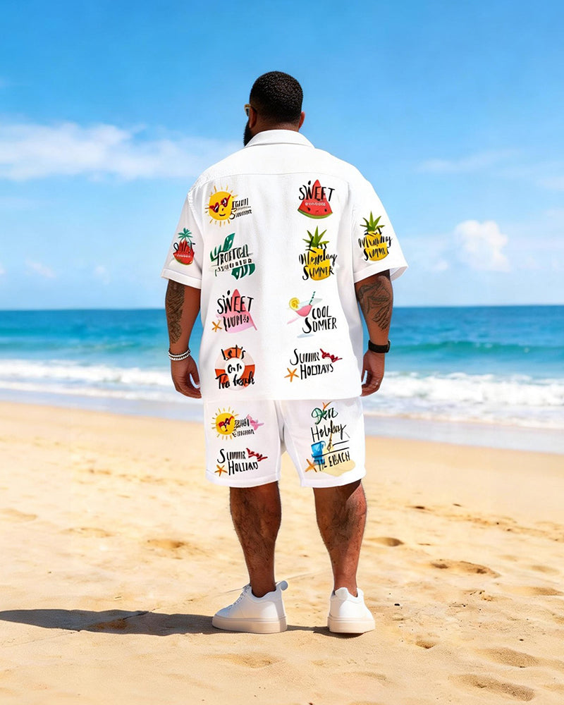 Big & Tall Men's Summer Vacation Theme Printed Short Sleeve Shirt Shorts Set