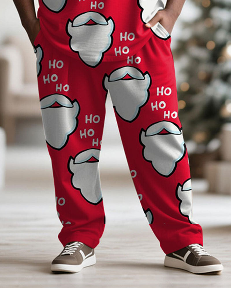 Big & Tall Men's Santa Claus Cartoon Print Long Sleeve T-Shirt Pants Set