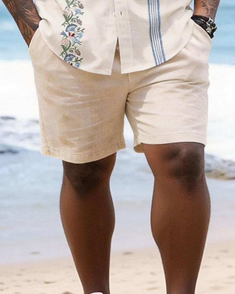 Big & Tall Men's Blue Flower Floral Striped Print Short Sleeve Shirt Shorts Set