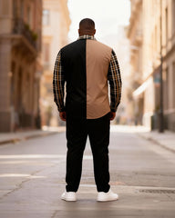 Big & Tall Men's Khaki Black Contrast Check Print Long Sleeve Shirt Trousers Set