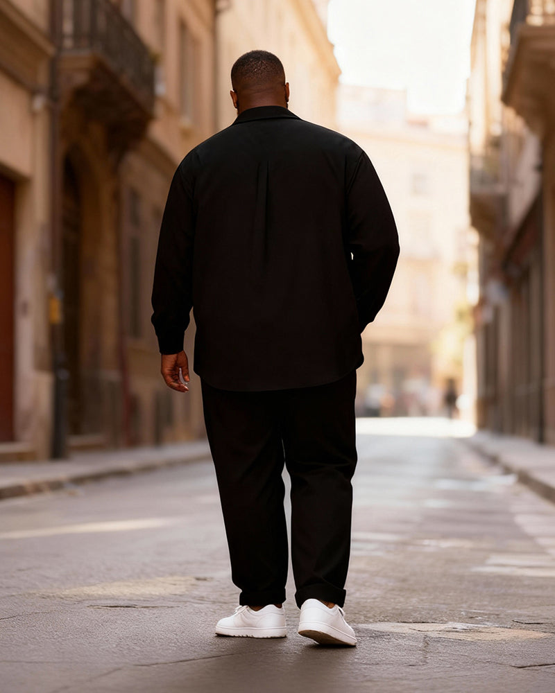 Big & Tall Men's Black Brown Pattern Asymmetric Stitching Printed Long Sleeve Shirt Pants Set