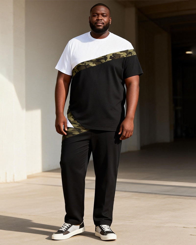 Big & Tall Men's Black And White Camouflage Patchwork Printed T-Shirt Pants Set