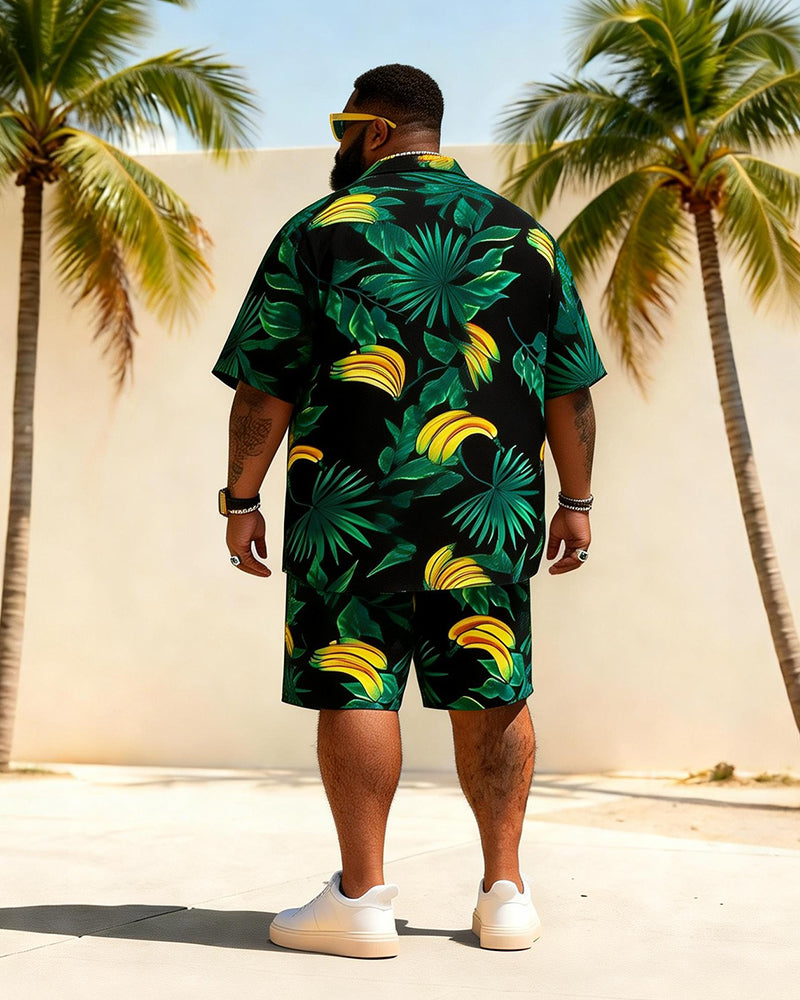 Big & Tall Men's Yellow Bottom Banana Tree Print Short Sleeve Shirt Shorts Set