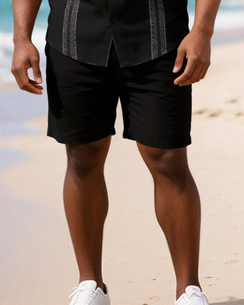 Big & Tall Men's Black Exquisite Striped Print Short Sleeve Shirt Shorts Set
