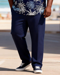 Big & Tall Men's Navy Blue Full Print Coconut Tree Print Zipper Polo Short Sleeve Trousers Set