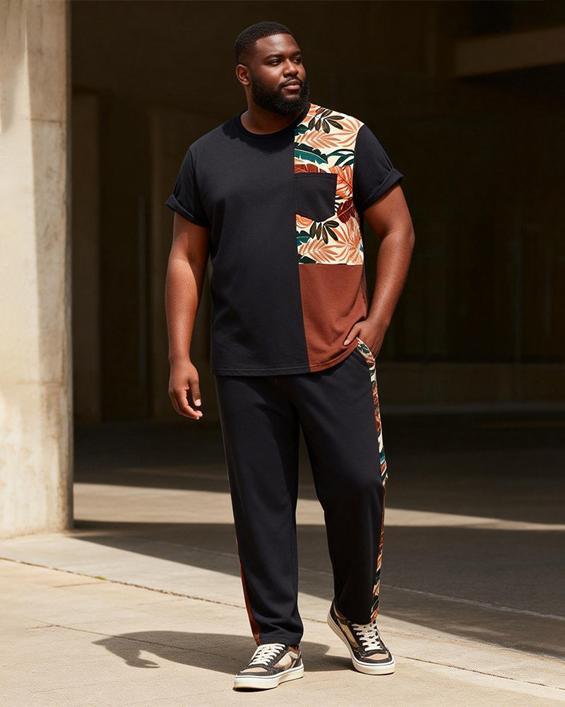 Big & Tall Men's Tropical Floral Patchwork Printed T-Shirt Pants Set