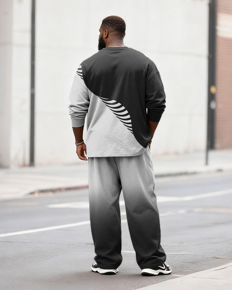 Big & Tall Men's Casual Black And White Geometric Gradient Print Long Sleeve T-Shirt Pants Set