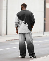 Big & Tall Men's Casual Black And White Geometric Gradient Print Long Sleeve T-Shirt Pants Set