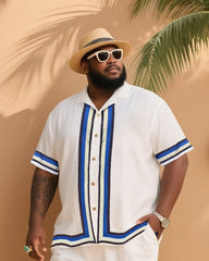 Big Men's Vacation Casual Bohemian Style Blue Striped Edge Textured White Short Sleeve Shirt Shorts Suit