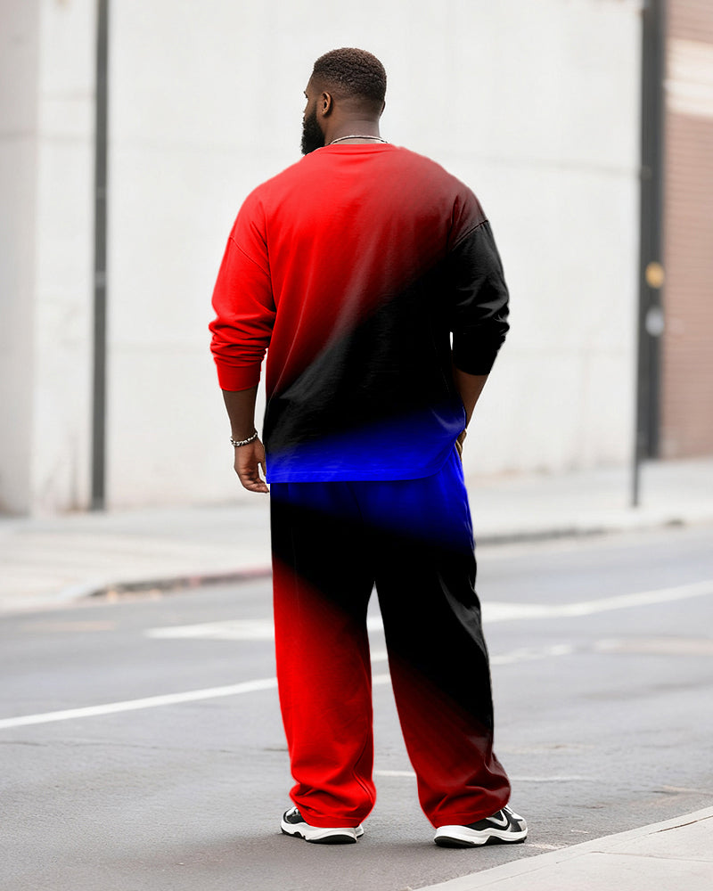 Big & Tall Men's Casual Black Red Blue Gradient Print Long Sleeve T-Shirt Pants Set