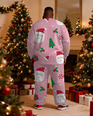 Big & Tall Men's Santa Claus Cartoon Pink Printed Long Sleeve T-Shirt Pants Set