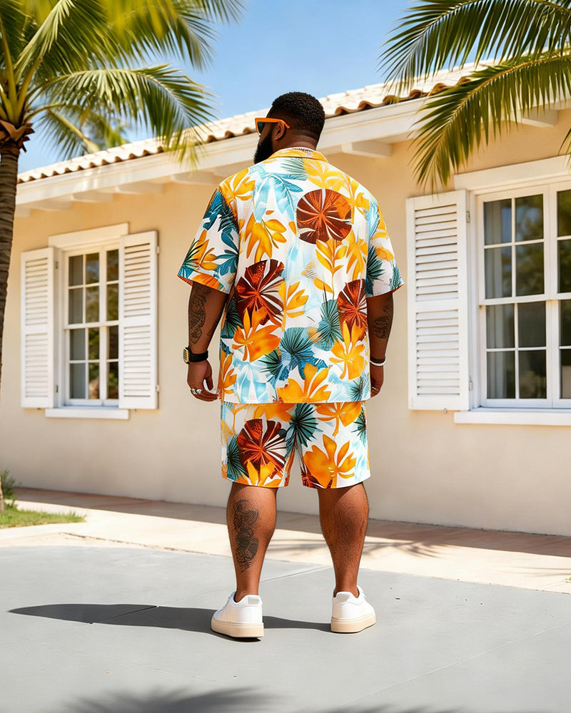 Big & Tall Men's Yellow Bottom Tropical Floral Print Short Sleeve Shirt Shorts Set